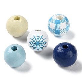 50pcs perles européennes en bois sur le thème de l'hiver, Perles avec un grand trou   , rond avec motif flocon de neige et carreaux