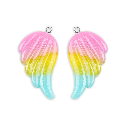 Tricolor Opaque Resin Pendants, Wing Charms, with Platinum Plated Iron Loops and Glitter Powder