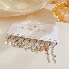 Minimalist European and American Lady Earrings Set - Snake, Butterfly, Heart, Pentagram, White K Earrings.