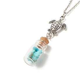 Glass Bottle with Synthetic Turquoise Chips Pendant Necklace, Wish Bottle Necklace with Alloy Turtle Charm for Women
