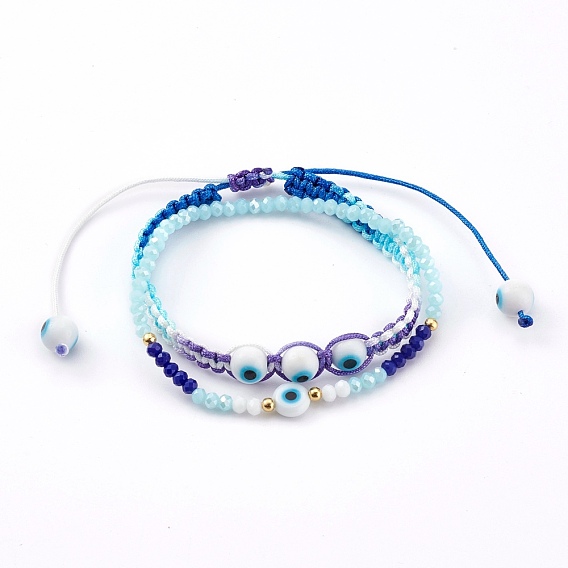Ensemble de bracelets de perles tressées en cordon de polyester réglable et de bracelets extensibles, avec des perles de verre et des perles au chalumeau mauvais œil