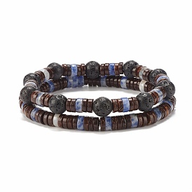 2Pcs 2 Style Natural Coconut & Blue Spot Jasper & Lava Rock Beaded Stretch Bracelets Set, Essential Oil Gemstone Jewelry for Women