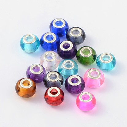Glass European Beads, with Silver Color Plated Brass Cores, Large Hole Beads, Rondelle, 15x12mm, Hole: 5mm