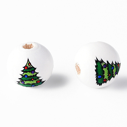 Painted Natural Wood Round Beads, Christmas Tree
