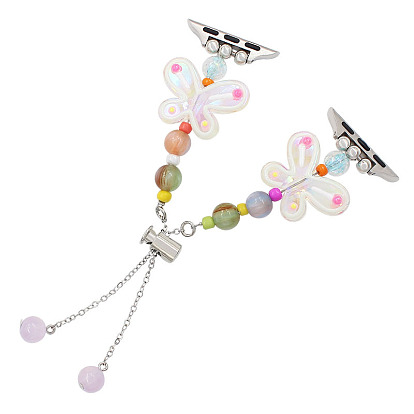 Bracelets de montre en perles acryliques papillon, avec des chaînes en alliage de ton platine