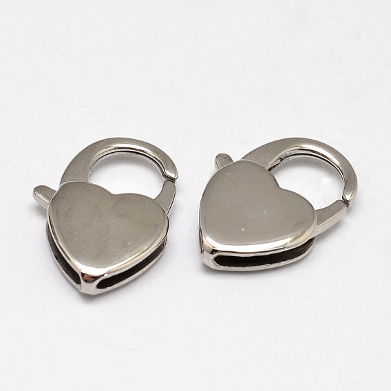 304 Stainless Steel Lobster Claw Clasps, Heart, 16x11.5x3mm, Hole: 1mm