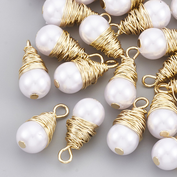 ABS Plastic Imitation Pearl Pendants, with Brass Wire, Drop, Real 18K Gold Plated