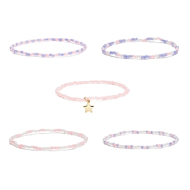 5Pcs 5 Style Glass Seed Beaded Stretch Bracelets Set Stainless Steel Charm for Women