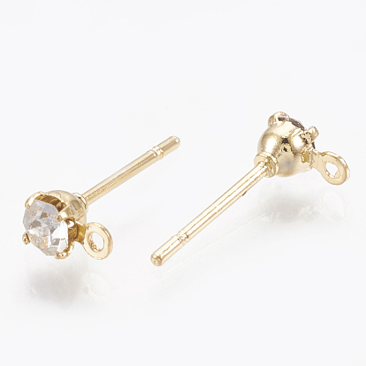 Brass Stud Earring Findings, with Loop, Real 18K Gold Plated, with Cubic Zirconia, Clear