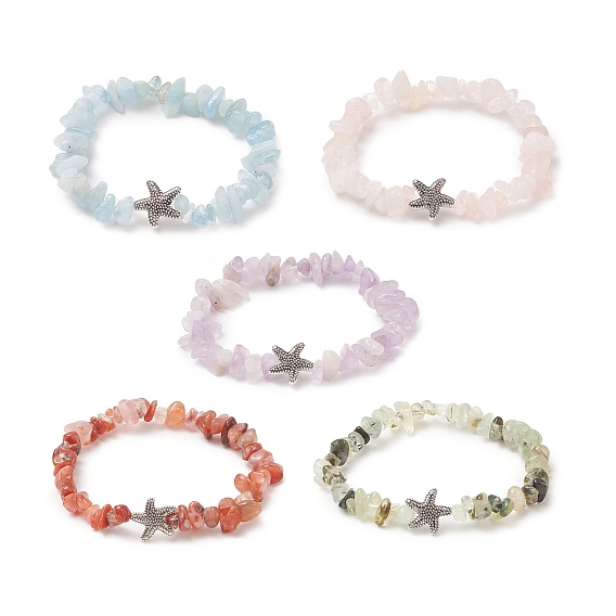 Bracelet extensible en alliage de perles de pierres précieuses mélangées naturelles et d'étoiles de mer pour femme