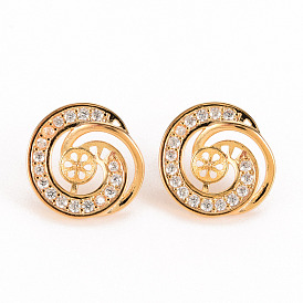 Brass Micro Pave Clear Cubic Zirconia Stud Earring Findings, for Half Drilled Bead, Nickel Free, Flat Round with Vortex