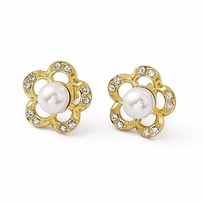 Crystal Rhinestone Flower Stud Earrings with Acrylic Pearl Beaded, Vacuum Plating 304 Stainless Steel Jewelry for Women