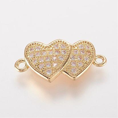Brass Micro Pave Cubic Zirconia Links, Heart with Heart