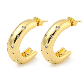 Rack Plating Brass Cubic Zirconia Stud Earrings, Long-Lasting Plated, Lead Free & Cadmium Free, C-shape