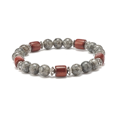 Natural Mixed Gemstone Beaded Stretch Bracelet for Women or Men, Wood & Alloy Beads Bracelets