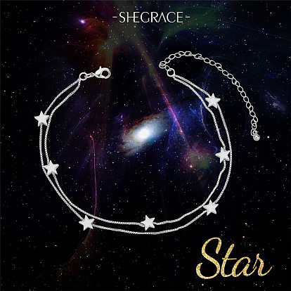 SHEGRACE Brass Multi-Strand Anklets, with Epoxy Resin and Box Chains, Star
