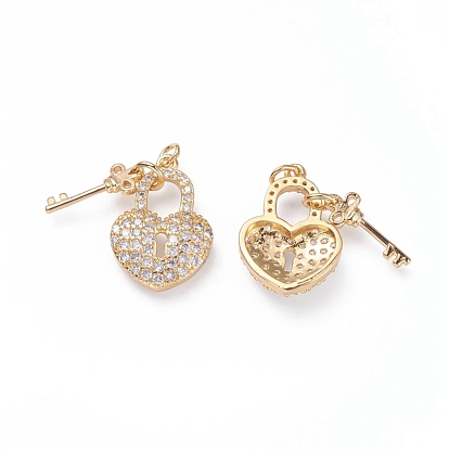 Brass Micro Pave Cubic Zirconia Pendants, with Soldered Jump Rings, Heart Lock and Key