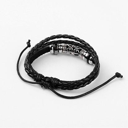 Adjustable Multi-strand Leather Cord Bracelets, with Alloy Findings & Hollow Tube Beads, Platinum