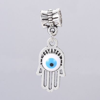 Antique Silver Plated Alloy European Dangle Charms, Large Hole Pendants, with Enamel, Hamsa Hand/Hand of Fatima/Hand of Miriam with Evil Eye