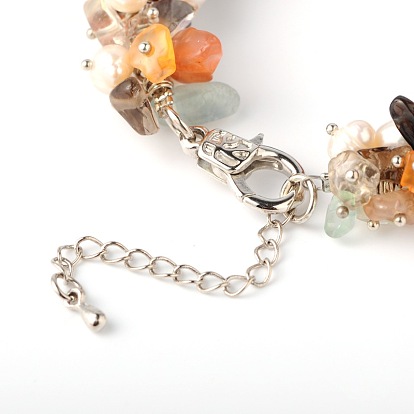 Copeaux de pierre naturelle bracelets, avec perles nacrées, alliage homard fermoirs pince et chaînes finaux de fer, 190x14mm