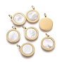 Natural Shell Pendants, with Golden Plated 316 Surgical Stainless Steel Findings and Jump Rings, Flat Round