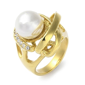 Ion Plating(IP) 304 Stainless Steel Rhinestone Wide Band Rings, Plastic Imitation Pearl Rings for Women