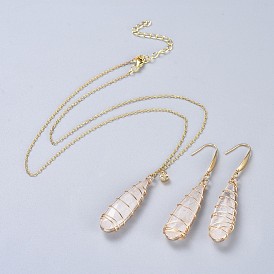 Colliers pendentifs en cristal de quartz naturel et ensembles de bijoux boucles d'oreilles, avec 316 apprêts chirurgicaux en acier inoxydable et chaînes en laiton, goutte 