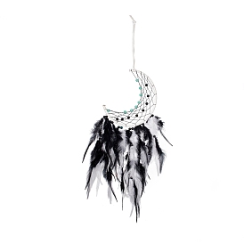 Toile/filet tissé en fer avec des décorations de pendentifs en plumes, avec des billes en plastique, recouvert d'un cordon en cuir, lune