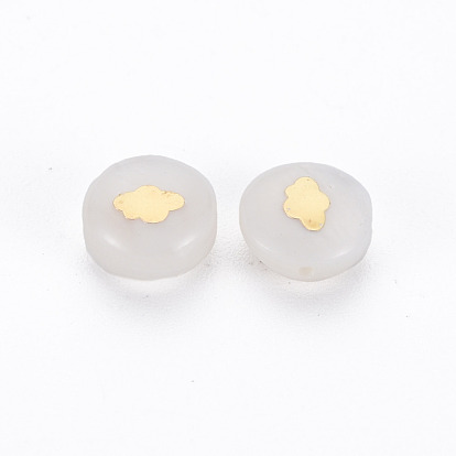 Perles de coquillages naturels d'eau douce, avec des ornements en métal plaqué laiton, plat rond avec la paume