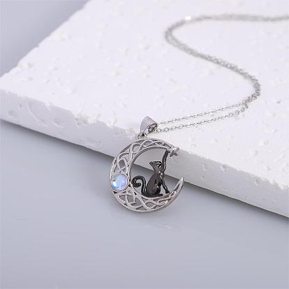 Black Cat Moonstone Necklace Black Cat on the Moon Pendant Necklace Cute Lucky Cat Necklace Jewelry Gifts for Women Cat Lovers