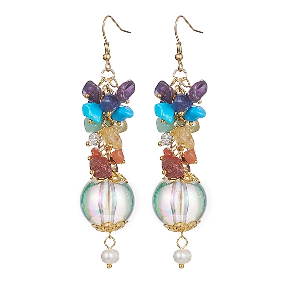 Chakra Natural Gemstone Chip Dangle Earrings, with Transparent Acrylic Beads & Ion Plating(IP) 304 Stainless Steel Earring Hooks