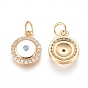 Brass Charms, with Micro Pave Cubic Zirconia, Enamel and Jump Rings, Flat Round with Evil Eye