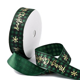 20 Yards Merry Christmas Printed Polyester Grosgrain Ribbons, Hot Stamping Flat Tartan Ribbons