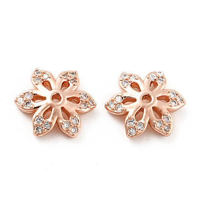 Brass Micro Pave Clear Cubic Zirconia Bead Caps, Cadmium Free & Lead Free, 6-Petal Flower