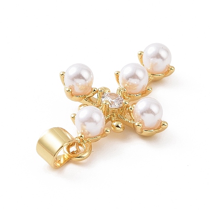 Micro cuivres ouvrent pendentifs zircone cubique, avec abs imitation perle, charme de croix de religion