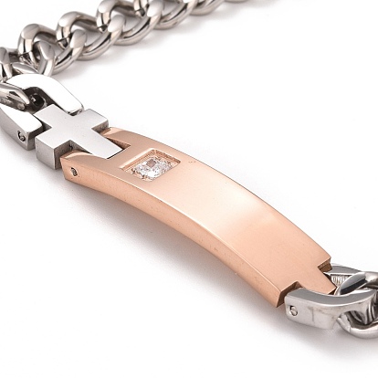 Crystal Rhinestone Rectangle & Cross Link Bracelet, Two Tone 304 Stainless Steel Jewelry for Men Women