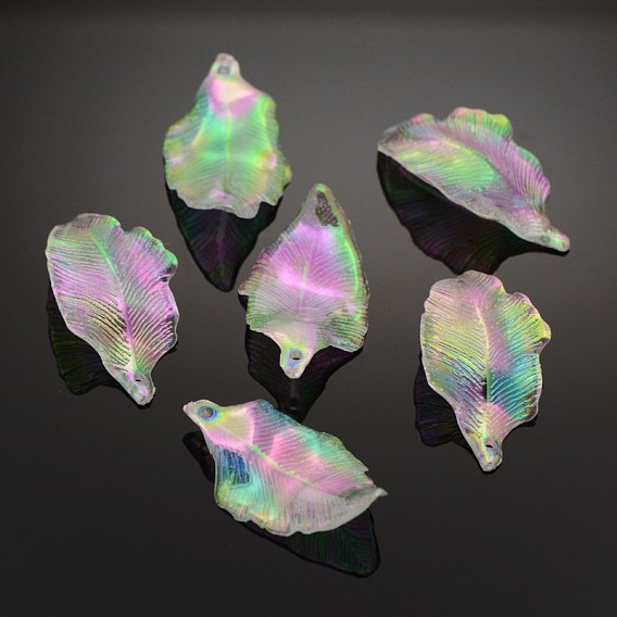 AB Color Plated Eco-Friendly Transparent Acrylic Pendants, Leaf, 33x19x3mm, Hole: 1.5mm, about 833pcs/500g