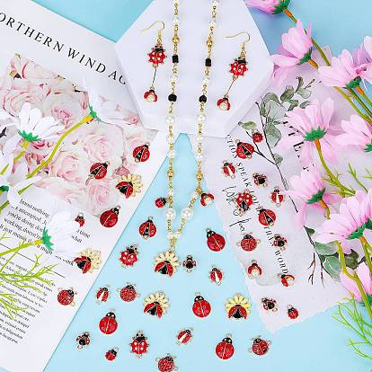DIY Ladybug Jewelry Making Finding Kit, Including 45Pcs 9 Style Alloy Enamel Connector Charms & Pendants, with Crystal Rhinestones and ABS Plastic Imitation Pearl Beaded