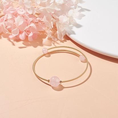 Bracelet en perles rondes avec pierres précieuses naturelles, bracelet de couple de fil de mémoire en acier pour les femmes, or