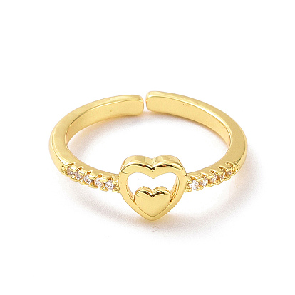 Clear Cubic Zirconia Double Heart Open Cuff Ring, Brass Jewelry for Women