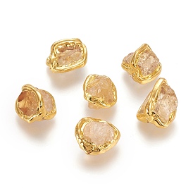 Raw Rough Natural Citrine Beads, with Golden Plated Brass Edge, Nuggets