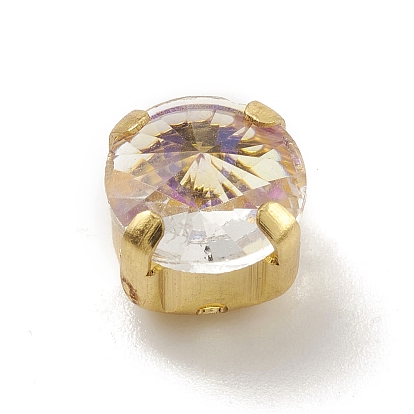 Flat Round Moonlight Effect Sew on Rhinestone, Glass Rhinestone, with Brass Settings, Garments Accessories, Light Gold
