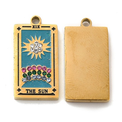 304 Stainless Steel Pendants, with Enamel and Rhinestone, Golden, Rectangle with Tarot Pattern