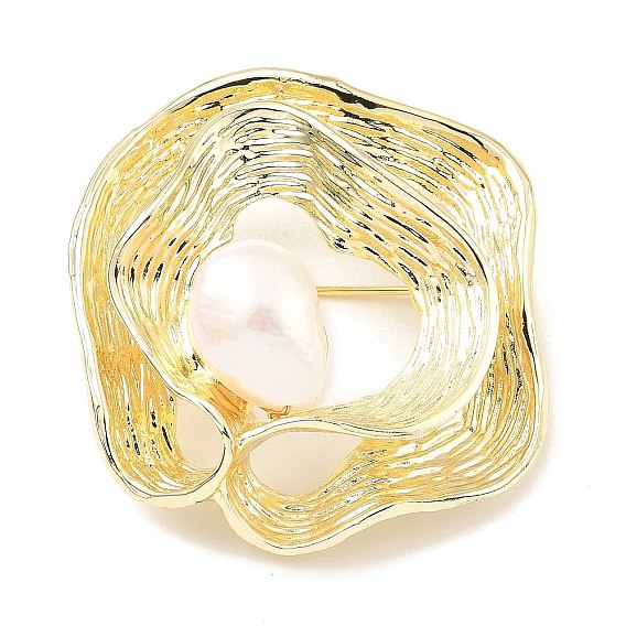 Brass Ribbon Brooch, Natural Baroque Pearl Jewely for Women