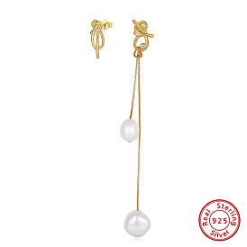 925 Sterling Silver Bowknot Stud Earrings with Cubic Zirconia, Natural Baroque Pearl  Asymmetrical Earrings