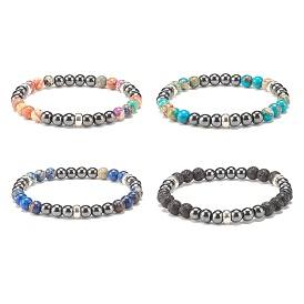 Bracelet extensible en perles rondes avec pierres précieuses naturelles et hématite synthétique pour femme