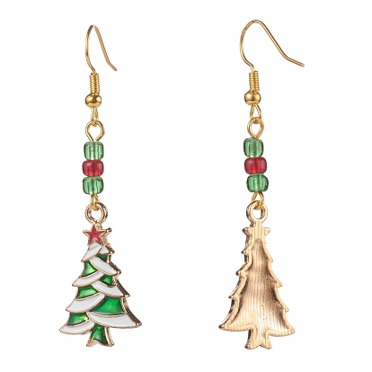 Boucles d'oreilles pendantes en alliage émaillé sur le thème de Noël, avec crochets de boucles d'oreilles en laiton et perles de rocaille en verre, formes mixtes, or