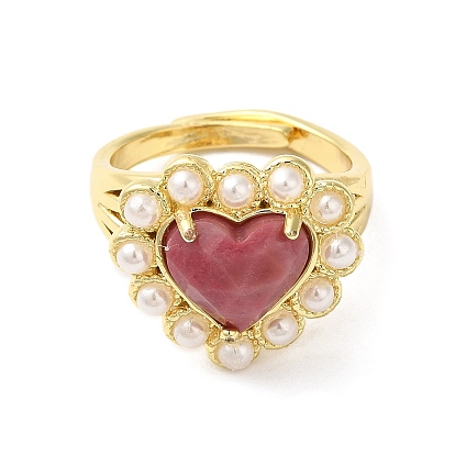 Регулируемое кольцо в виде сердца из натуральных смешанных драгоценных камней с пластиковыми жемчужными бусинами, настоящие позолоченные латунные украшения 14k