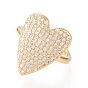 Adjustable Brass Micro Pave Clear Cubic Zirconia Cuff Rings, Open Rings, Long-Lasting Plated, Heart