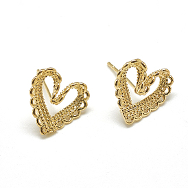 Brass Stud Earrings, Heart, Real 18K Gold Plated